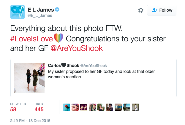 The well-known author E.L. James also congratulated the couple.