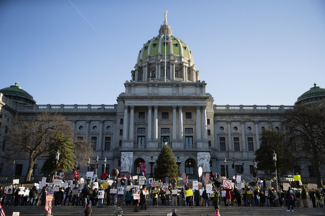 Futile: Protesters demonstrated ahead of Pennsylvania's 58th Electoral College at the state Capitol in Harrisburg, Pa., in freezing temperatures - but electors ignored them and voted for Trump