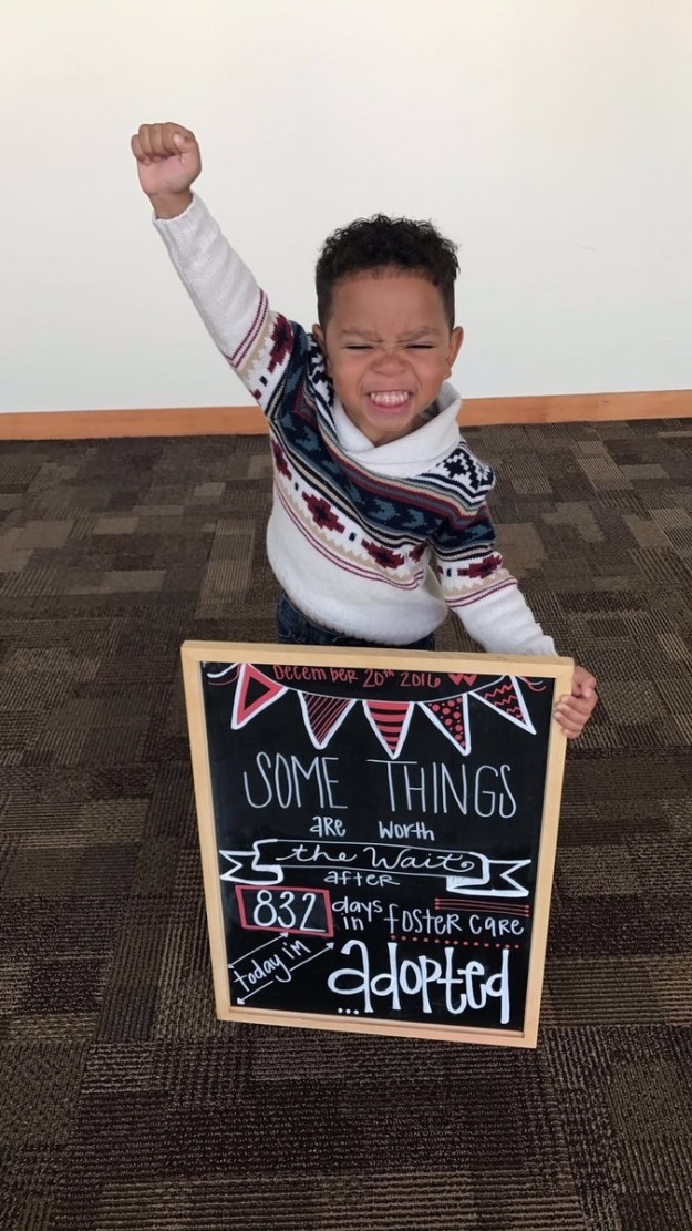 Three-year-old Michael Brown was formally adopted on Tuesday and was so excited he couldn't help but tell everyone at the courthouse the news.