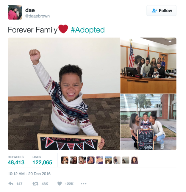 His 17-year-old adoptive sister Dezhianna Brown from Phoenix, Arizona, tweeted the photos, which quickly went viral.