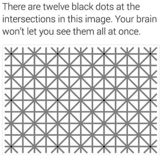 You will never be able to see twelve dots at once with this pattern.