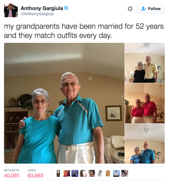 These grandparents and their matching outfits.