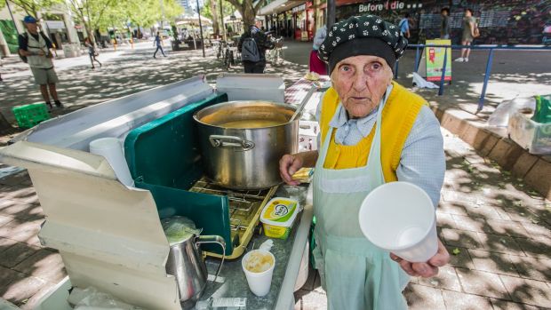 Stasia Dabrowski serves the needy at her Garema Place soup kitchen.