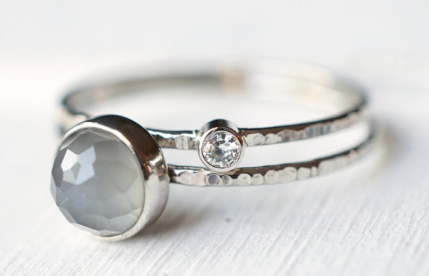 An ethereal grey moonstone and moissanite ring set that proves two rings are better than one.