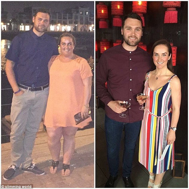 The couple are pictured, left, in June 2015 - she'd lost 1st at that point - and the second in June 2016 after reaching her target weight