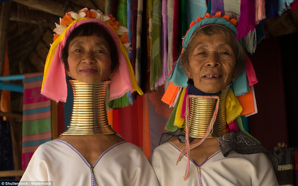Women from the Kayan Lahwi tribe in Myanmar start adding brass coils to their necks from the age of five, the weight of which pushes the collar bone down and compresses the rib cage to give the illusion of longer necks
