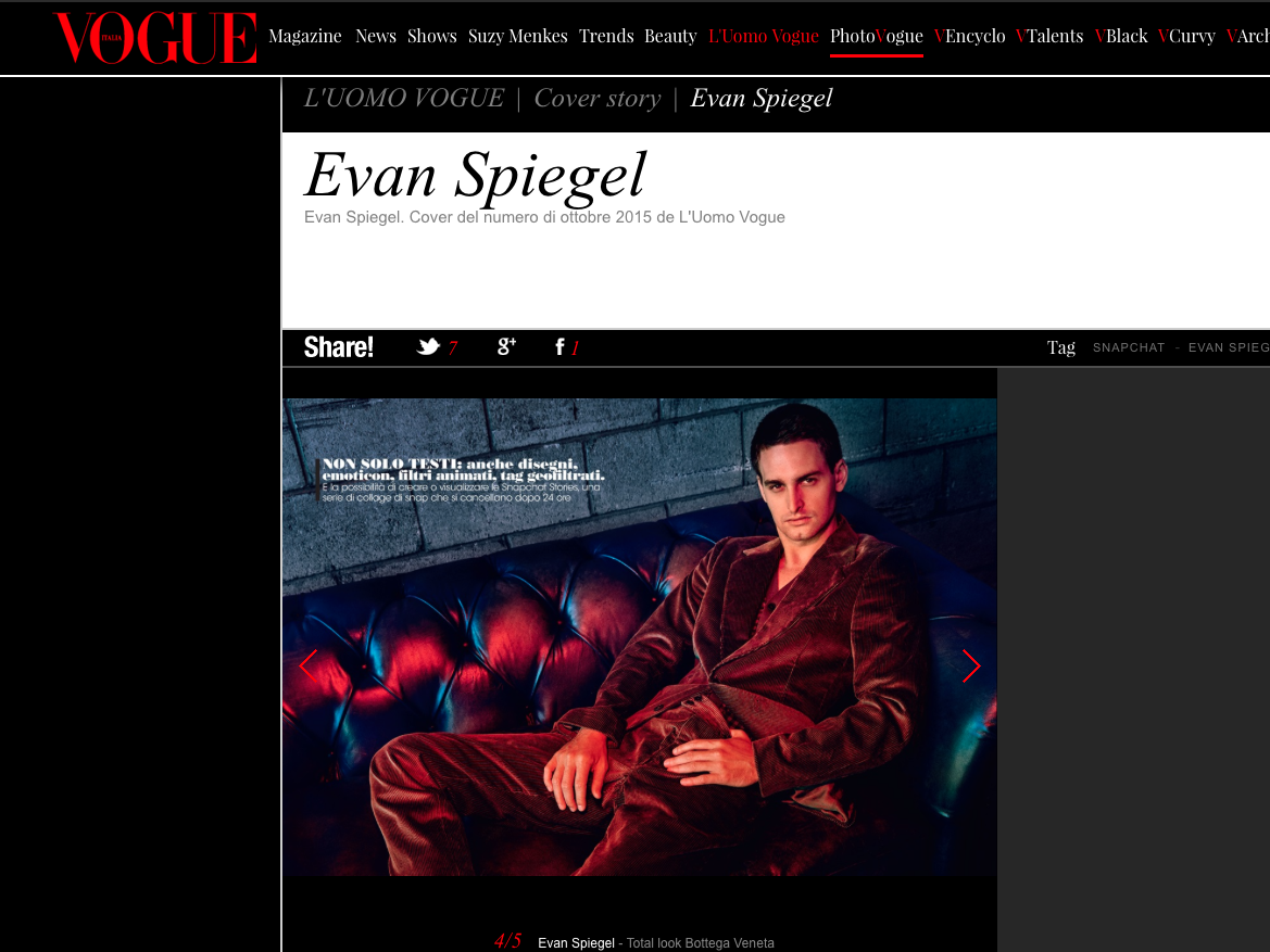 Spiegel cares about fashion more than most tech CEOs. He made headlines in October 2015 for appearing on the cover of Vogue Italy.