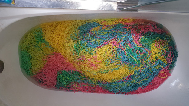 Patricia's spaghetti bathtub challenge involved cooking 15 pounds of spaghetti, dyeing it five different colors, and throwing them into her tub for Dresden to play in.