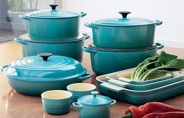 A set of matching pots and pans.