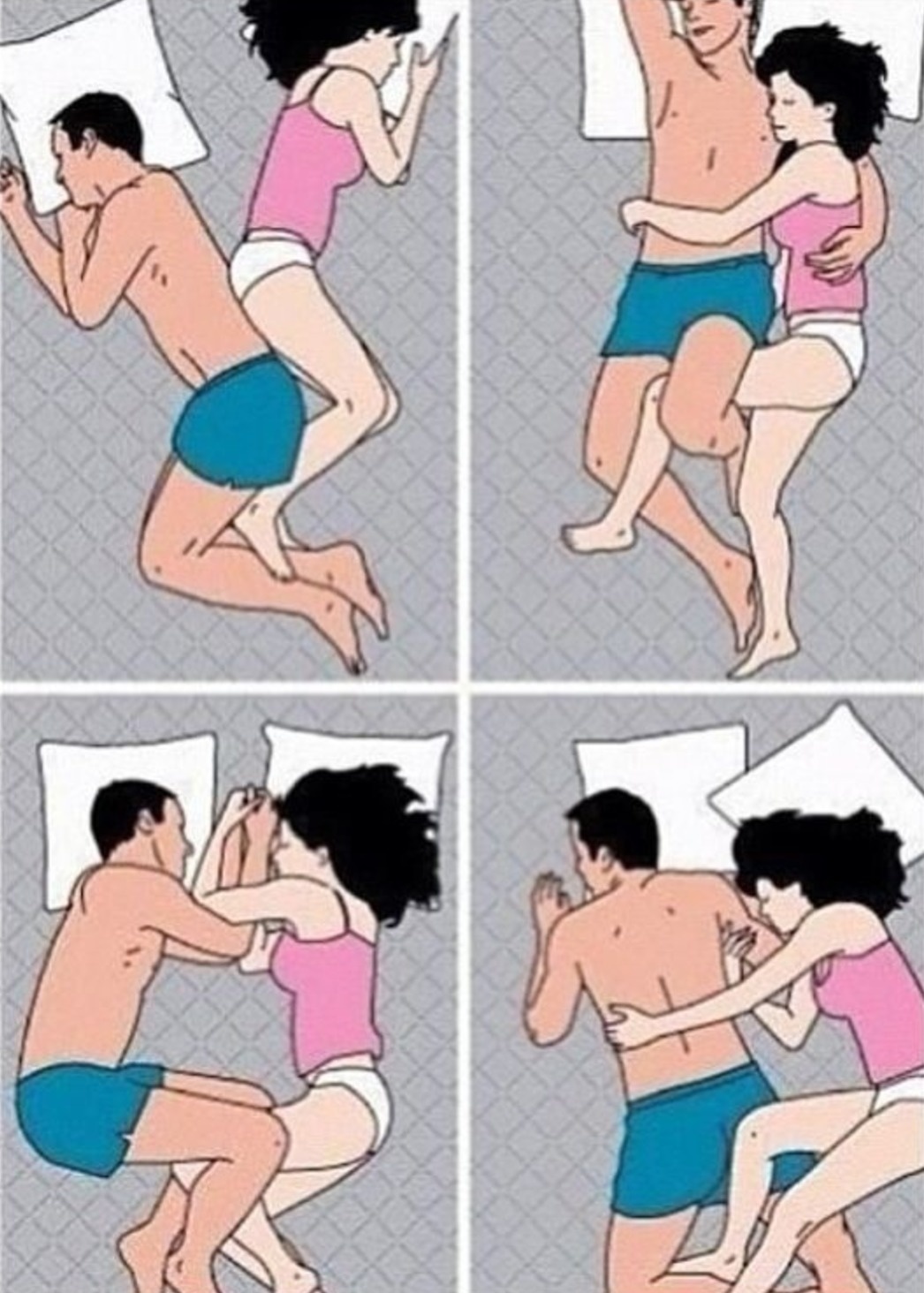 The four stages of sleeping together. 