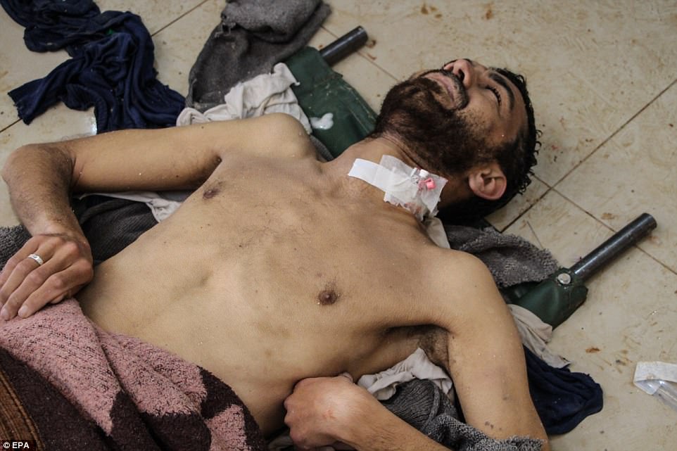 Sarin, which is made by combining the fluorine in sodium fluoride with carbon, hydrogen, oxygen and phosphorous, is considered one of the world's most dangerous chemical warfare agents. Pictured above, a Syrian man receives treatment after an alleged chemical attack at a field hospital in Saraqib, Idlib