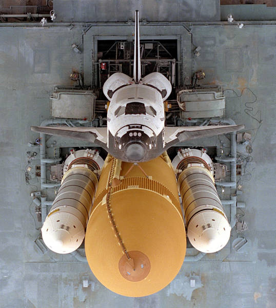 19 -  Overhead view of Space Shuttle Atlantis on the Mobile Launcher Platform as it traveled to Launch Pad 39A from the Vehicle Assembly Building. Atlantis lifted off on Mission STS-79 on September 16, 1996.