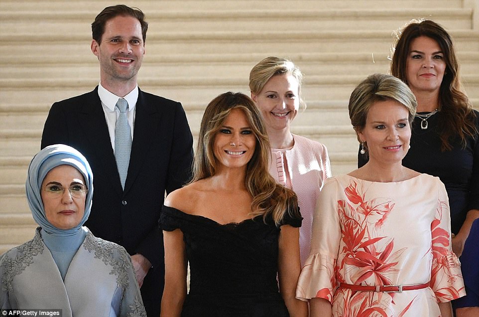 Front row: First Lady of Turkey Emine Gulbaran Erdogan, First Lady of the US Melania Trump, Queen Mathilde of Belgium. Back row: First Gentleman of Luxembourg Gauthier Destenay, partner of Slovenia's Prime Minister Mojca Stropnik and First Lady of Iceland Thora Margret Baldvinsdottir