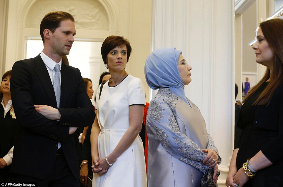 Destenay stood with Belgian Prime Minister Charles Michel's partner Amelie Derbaudrenghien and First Lady of Turkey Emine Erdogan at a shop of Belgian fashion label Delvaux