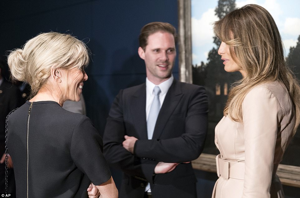 Destenay seemed to be enjoying a friendly chat with US First Lady Melania Trump and French First Lady Brigitte Macron 