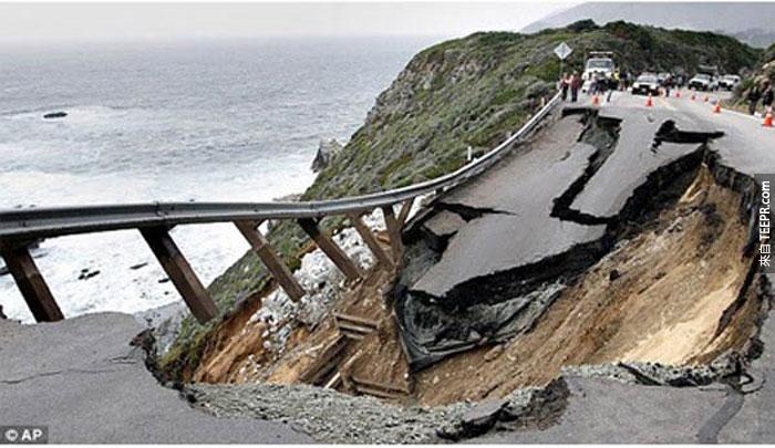 2）坍方摧毁了1号公路，2011（美国加州）