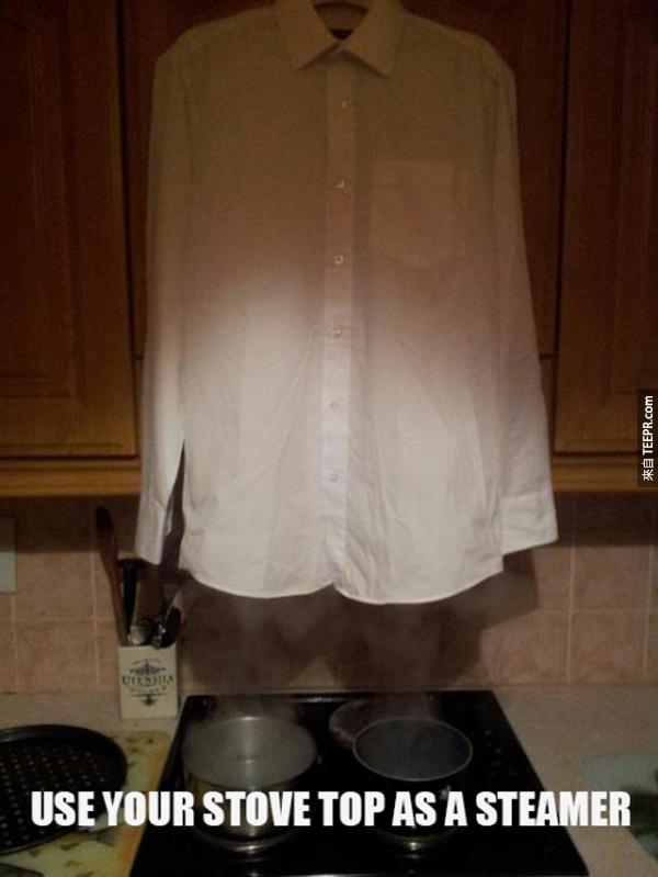 6.) 煮热水时把衣服挂在上方，这就是烫衣服的速成法。