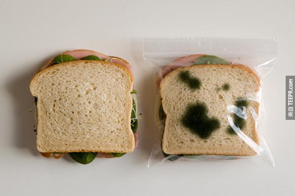 15.) 在学校有人偷吃你的东西吗？你可以用这些"发霉"塑胶袋把三明治盗贼赶走。