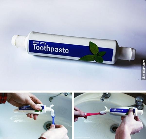 20.) 再也不需要浪費寶貴生命擠牙膏。這個牙膏兩邊都有開口。好天才！