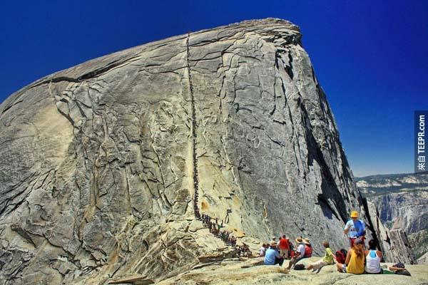 8.) Yosemite's Half Dome Trail (USA): The Dome’s peak is nearly 5,000 feet above Yosemite Valley and 8,800 feet above sea level. The Half Dome is a Yosemite icon and a great challenge to many hikers. Despite an 1865 report declaring that it was "perfectly inaccessible, being probably the only one of the prominent points about the Yosemite which never has been, and never will be, trodden by human foot," George Anderson reached the summit in 1875, in the process laying the predecessor to today's cable route.