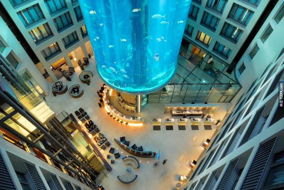 Radisson Blu酒店 (Radisson Blu Hotel)，德國柏林  Radisson Blu酒店擁有著世界上最大的圓柱形水族箱，酒店電梯圍繞四周。 這裡的水族館聚集了1500條熱帶魚，大約有50個不同品種。 高達24米，水族館每小時需要一百萬升水循環，並且需要專業的潛水團隊來維護。 最棒的是，你在房間就可以看到這個巨型的'魚缸'。