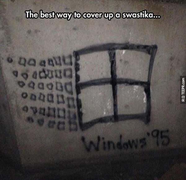5.) 墙上的卐纳粹标志被变成...WINDOWS 95作业系统?!