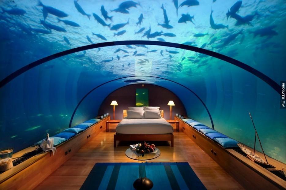 康拉德拉格利島度假村，馬爾代夫  這個超酷的酒店提供了世界上第一個完全淹沒在水下的臥室。從臥室裡面可以看到鯨鯊，蝠鱝，海豚，海龜和廣闊的珊瑚礁。