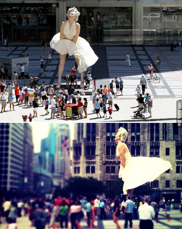14.) 瑪麗蓮·夢露: 設計師 J. Seward Johnson。這個高26公尺的瑪麗蓮夢露的姿勢就是她在電影七年之癢裡最經典的動作。這件作品原本位在芝加哥，但是到了2012卻移到了加州。