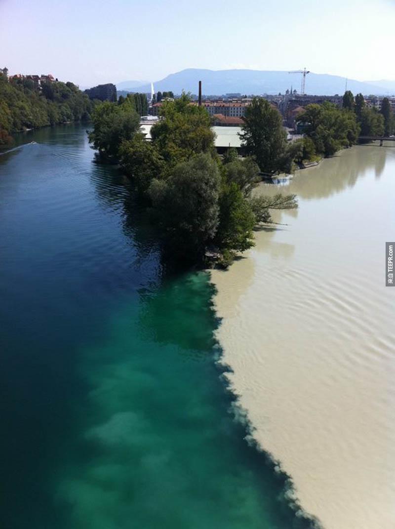 10）罗纳河 (Rhone) 和艾云河 (Arve) 在瑞士日内瓦的合流点。