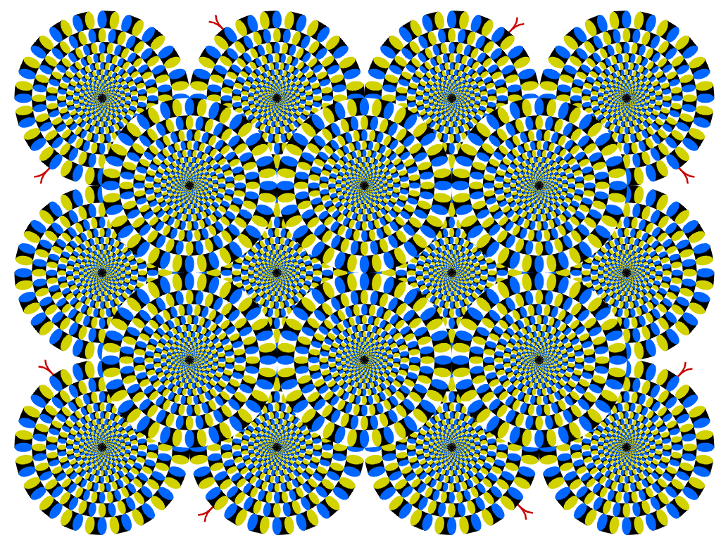 Akiyoshi Kitaoka 运用几何图形、亮度与色彩，创造出动态的视觉错觉。所以这些图片并不是动画，是我们大脑让我们这样想的。