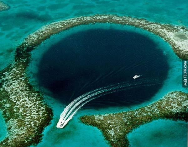 13.) The Great Blue Hole: This is a large submarine sinkhole off the coast of Belize. It’s over 300m across and 124m deep.