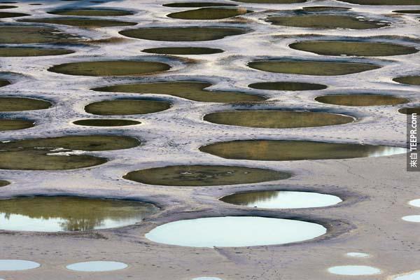 25.) 斑點湖(The Spotted Lake): 加拿大的鹽鹼湖，夏天湖水蒸發，露出湖底的礦物質，這些礦物質的品質絕加，包括鎂、鈣與碳酸納。