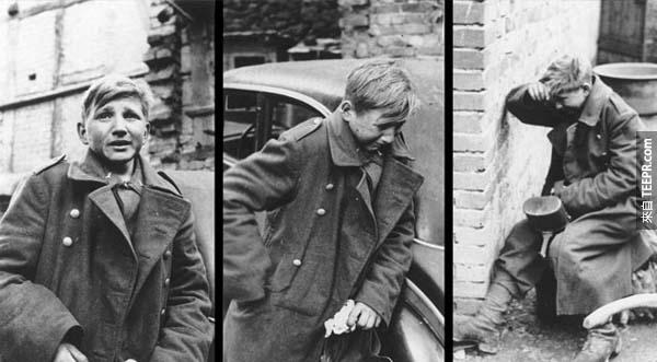 3.) 哭泣的男孩士兵: 這位16歲的男孩叫做Hans-Georg Henke， 他是希特勒青年團的一員。這張照片攝於德國投降的前一天，當時拍下了他的極度恐懼與悲傷。