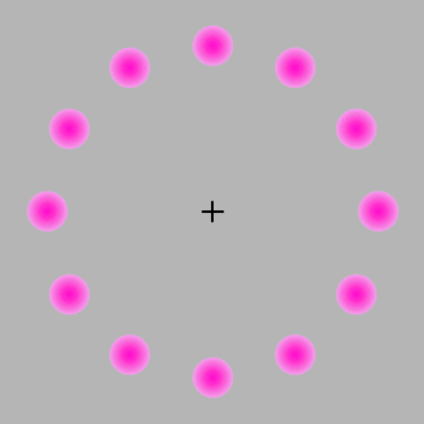 这个错视现象称之为「特克斯勒现象」，当我们目光凝视一个固定不变的图片，它的背景会在我们的视觉意识中消失，特别是当周围的图片持续变动的时后。以下这个图片也有相似的现象，看着中心的十字，粉红色的点点就会消失。