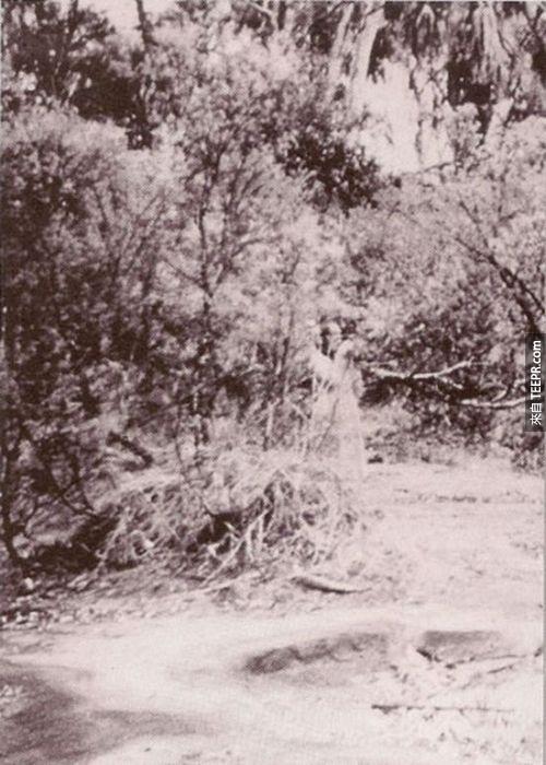 13. 澳洲Corroboree Rock的女子 － 在這張1959年的照片裡面，你可以看到一名看起來拿著望遠鏡或是照相機的透明的女子站在樹的旁邊。
