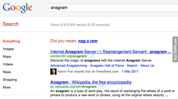 Google 重組字搜尋  如果你用Google搜尋 "anagram"，它會問你的意思是不是 "nag a ram"，因為那個字被他們重組了...(Google的幽默）