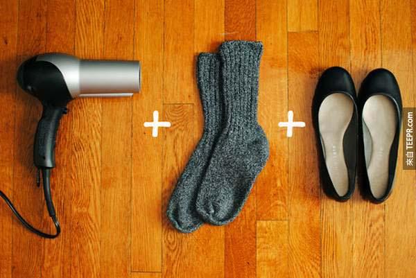 2.) Use socks and a hair dryer to stretch out and break in your new flats in just a few minutes.