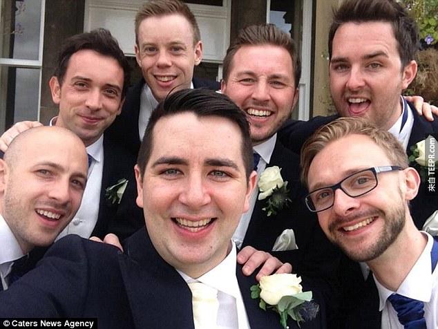 Marriage selfie: Mr Clarke (centre), of Leeds, West Yorkshire, with his ushers at the wedding last Saturday