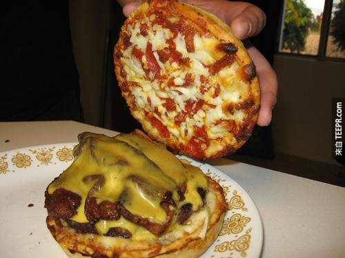 1.) 披薩漢堡 （ 2 片披薩配上巨型漢堡)