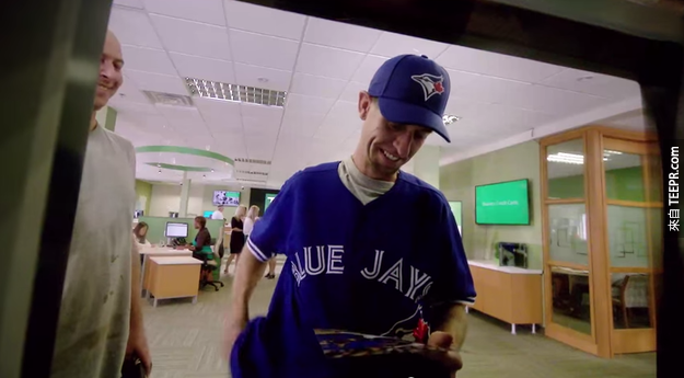 Mike Jobin, a huge Blue Jays fan, got his own personalized T-shirt and cap...