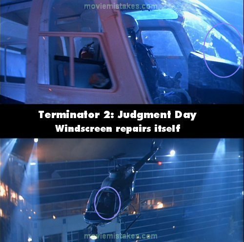 14. 《魔鬼终结者第2集》(Terminator 2: Judgment Day)： T-1000机器人突破玻璃窗跳上飞机。但下个镜头，大楼窗户的破洞就不见了。