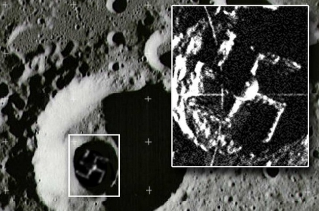 5. 月亮上的納粹：仙后座探測器(Cassiopeia probe)的洩漏圖讓陰謀論者認為，納粹人士秘密地在月球建立了一個太空計劃，而這個神祕的基地正保有他們首領希特勒(Hitler)冷凍的頭。月亮上的納粹黨有一天會回來，復興他們的領導者並展開攻擊。