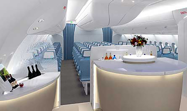 這台波音787 空中巴士A350是BMW設計的，前面還有一個可以讓你跟其他乘客哈啦的吧台。