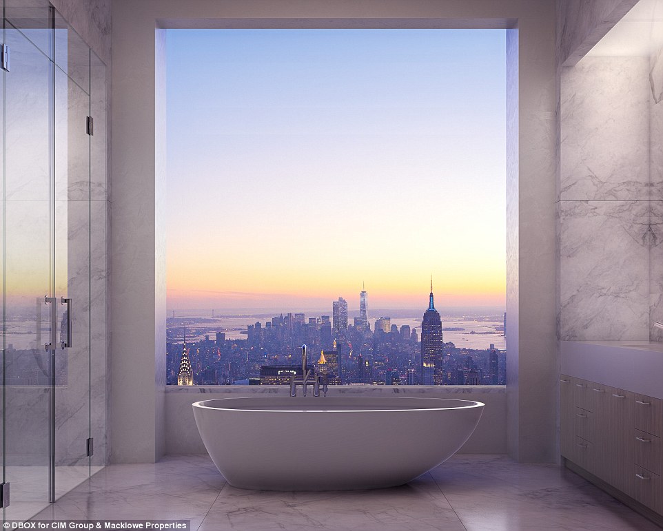 Stunning: This marble bathroom at 432 Park Avenue - which stands at a staggering 1,396 feet - offers a breathtaking view of New York