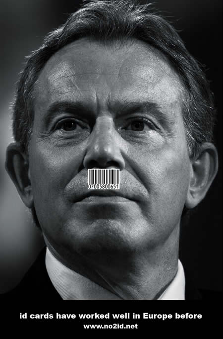 5. NO2ID行動聯盟(英國)：原本是要來抗議英國使用的身分證，於是在首相布萊爾(Tony Blair)的人中放了象徵身分證的條碼，說「身分證在歐洲有成功過」，意味是希特勒。但最後被抨擊是「在布萊爾上唇的條碼，讓他很像希特勒，具攻擊性。」
