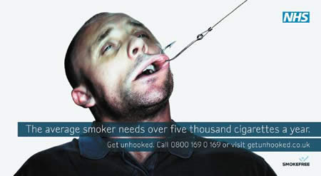 7. 英國國家衛生部(Department of Health)：原本是要用來當做戒煙廣告，意指吸菸者都已經上鉤了，需要趕快脫勾。但被認為是「讓孩童恐懼及悲傷」而禁止。