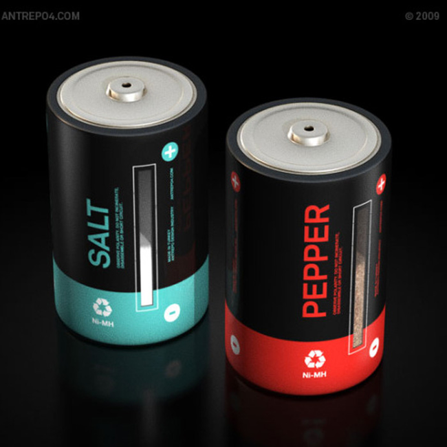 6. 電池造型的鹽還有胡椒罐，上頭還有電力條，可以看到裡頭還有多少。