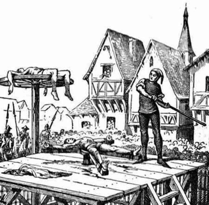 這在中世紀的德國常被使用，受刑者的主要關節會被綁在輪子上 (腕關節、踝關節、臀部、肩膀、膝蓋)。然後施行者開始打斷受刑者的四肢，讓四肢散落在車輪上，最後展示給大眾看，直到受刑者死亡。