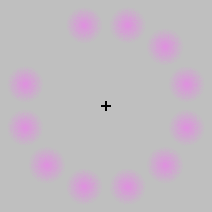 5. 盯著中間的黑色十字架，會讓一旁的粉紅點點消失，甚至還會跑出綠色的點點。