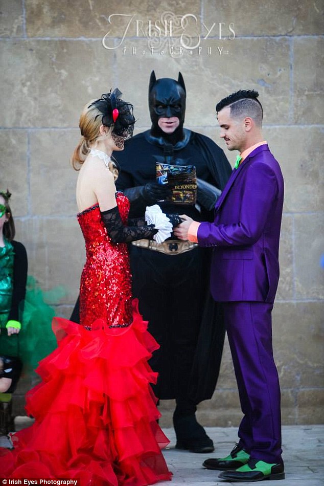 Saving the day! Ali Butrym and Ryan Jeziorski from Fort Worth, Texas, both love for all things Batman, so it was only fitting that they had a comic book-themed wedding on Saturday